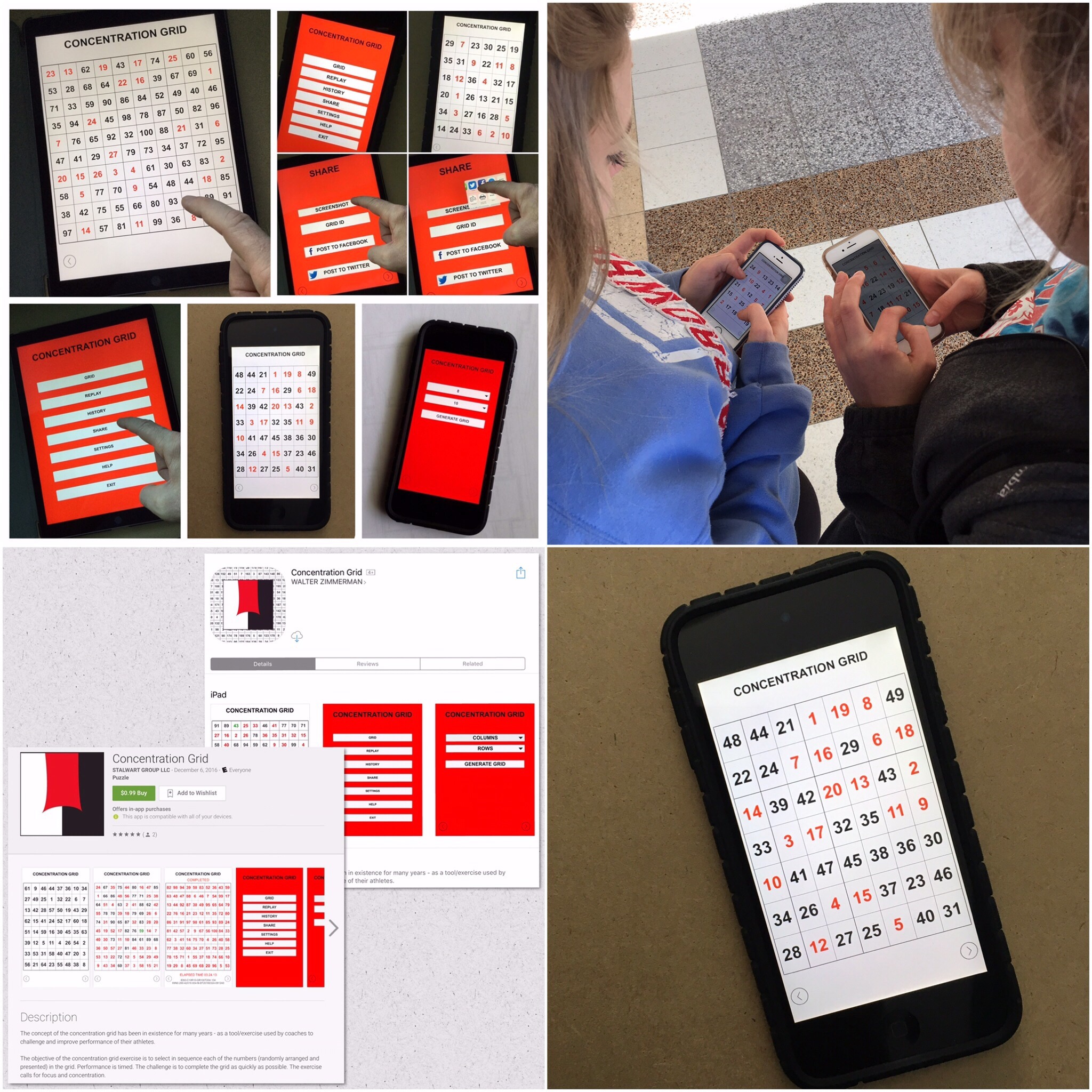 Concentration Grid is a web/mobile device app implementation of a mental skills training exercise for students, athletes, coaches, sports performance/psychology staff, trainers, teachers, parents, etc. Use concentration grids a/k/a mental focus grids with student-athletes as a tool for assessment, development, practice/exercise of attention skills ... and for competitive challenge and fun. Generate grids in varying sizes of between 3 and 14 columns/rows - small grids test speed/dexterity ... larger grids exercise focus/attention skills. Convenient gameplay/replay.  History tracking (time/performance data). Share feature is integrated with social media. Post and track best gridtimes at the leaderboard. Make self-development a daily habit. #concentrationgrid #challengeyourself - concentrationgrid.com - concentrationgrid.net - tryconcentrationgrid.com