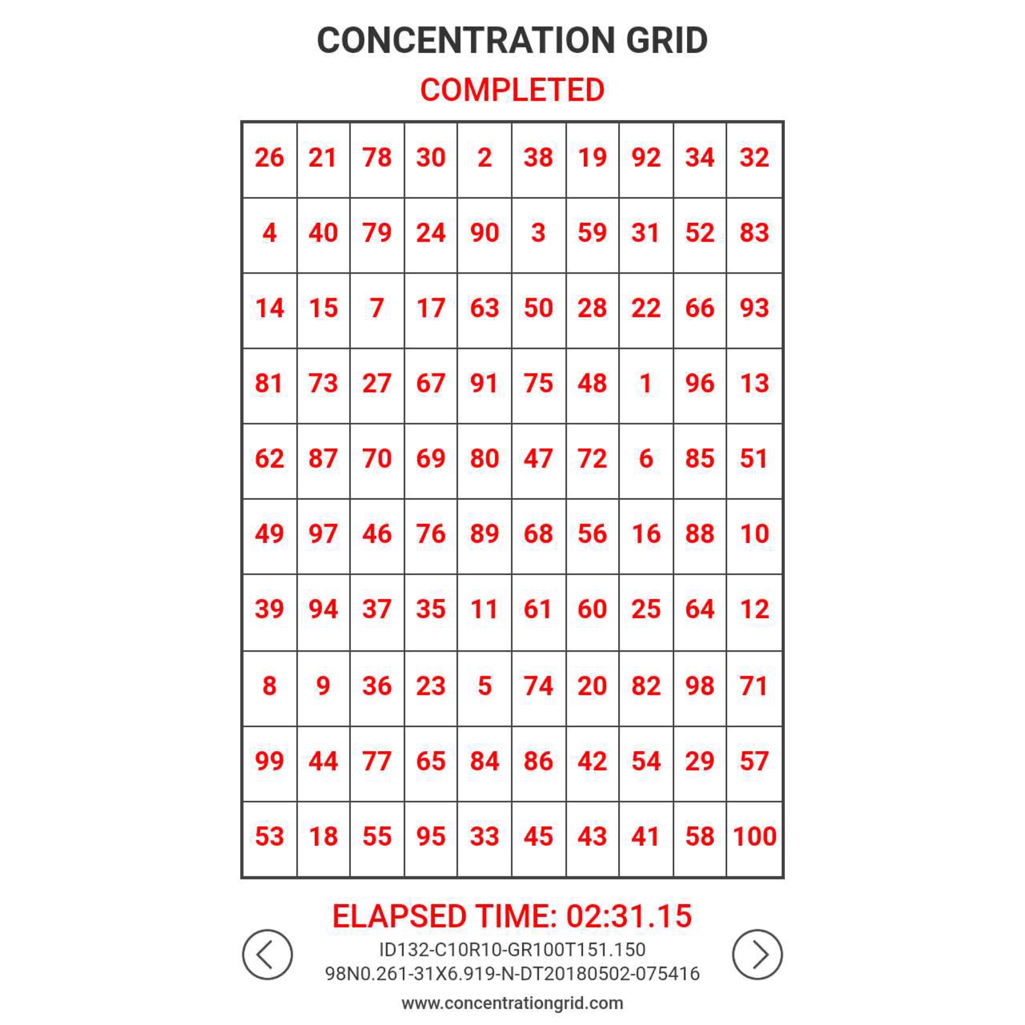 Concentration Grid is a web/mobile device app implementation of a mental skills training exercise for students, athletes, coaches, sports performance/psychology staff, trainers, teachers, parents, etc. Use concentration grids a/k/a mental focus grids with student-athletes as a tool for assessment, development, practice/exercise of attention skills ... and for competitive challenge and fun. Generate grids in varying sizes of between 3 and 14 columns/rows - small grids test speed/dexterity ... larger grids exercise focus/attention skills. Convenient gameplay/replay. History tracking (time/performance data). Share feature is integrated with social media. Post and track best gridtimes at the leaderboard. Make self-development a daily habit. #concentrationgrid #challengeyourself - concentrationgrid.com - concentrationgrid.net - tryconcentrationgrid.com